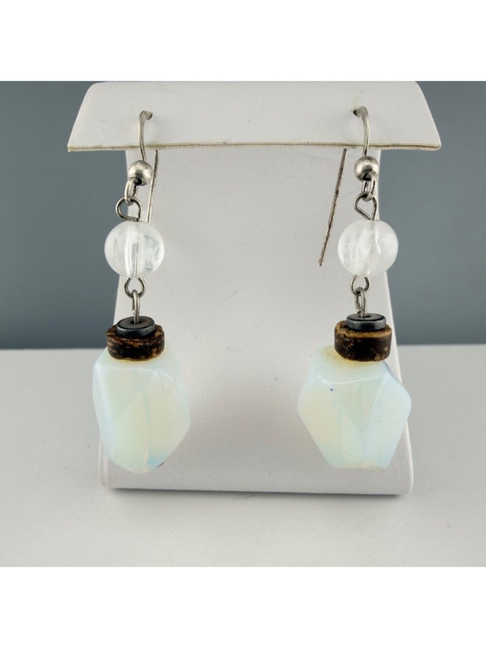 Handmade Opalite Glass Bead Dangle Earrings Sterling Silver Artisan